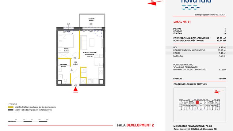 Rzut - Mieszkanie na sprzedaż 2 pokoje o powierzchni 38,88 m² - numer 61 w Miasteczko Nova Fala