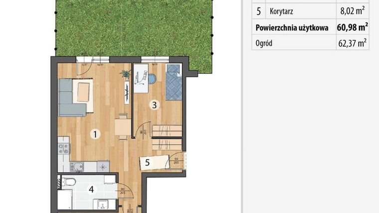 Rzut - Mieszkanie na sprzedaż 3 pokoje o powierzchni 60,98 m² - numer G2-02 w Osada Sportowa Smolec