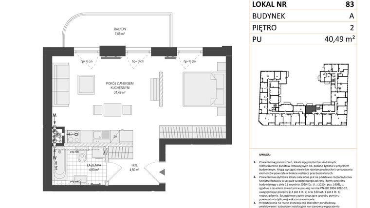Rzut - Mieszkanie na sprzedaż 1 pokój o powierzchni 40,49 m² - numer A.83 w Esencja