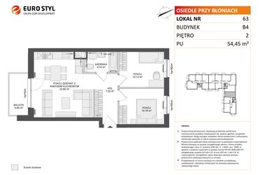 Rzut - Mieszkanie na sprzedaż 3 pokoje o powierzchni 54,45 m² - numer B4.63 w Osiedle Przy Błoniach 3 etap III