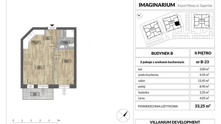 Rzut - Mieszkanie na sprzedaż 2 pokoje o powierzchni 33,25 m² - numer 23 w Imaginarium Kazuń Nowy - bud. B