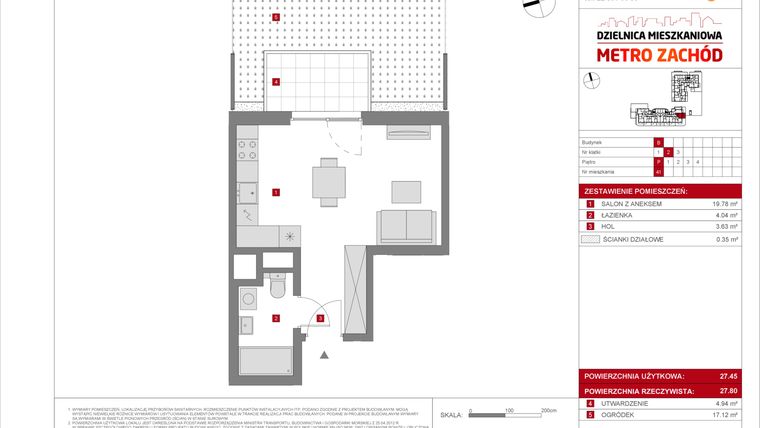 Rzut - Mieszkanie na sprzedaż 1 pokój o powierzchni 27,45 m² - numer B.41 w Dzielnica Mieszkaniowa Metro Zachód - etap 8.2