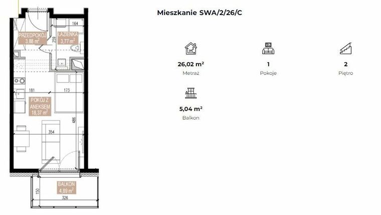 Rzut - Mieszkanie na sprzedaż 1 pokój o powierzchni 26,02 m² - numer SWA/2/26/C w Apartamenty Świeradowska