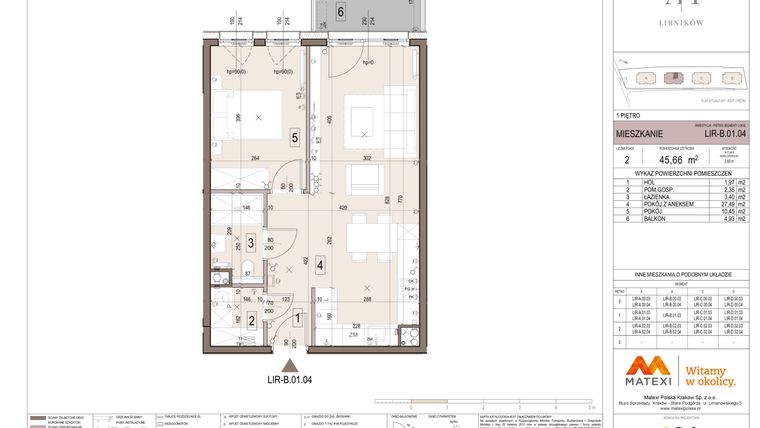 Rzut - Mieszkanie na sprzedaż 2 pokoje o powierzchni 45,66 m² - numer B.01.04 w Takt Lirników