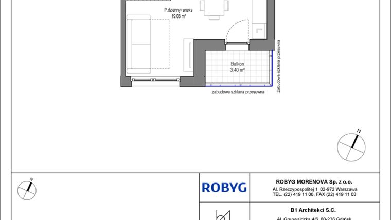 Rzut - Mieszkanie na sprzedaż 1 pokój o powierzchni 25,58 m² - numer C.1M03 w Leszczyńskich 2