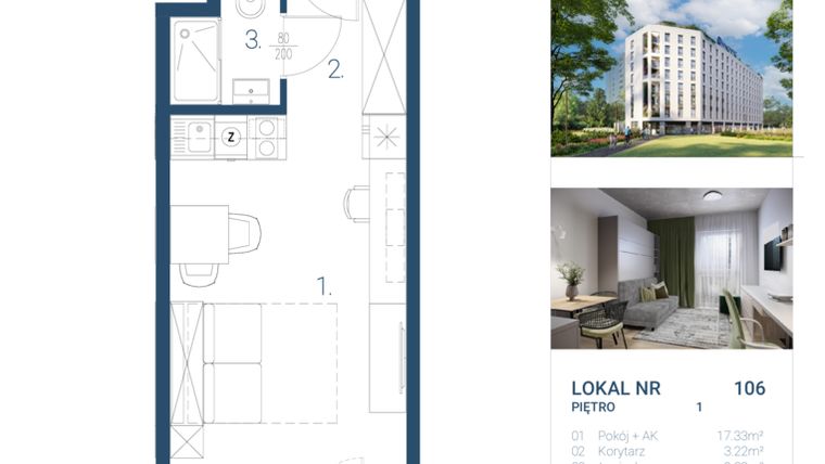 Rzut - Mieszkanie na sprzedaż 1 pokój o powierzchni 22,87 m² - numer 106 w NANO APART