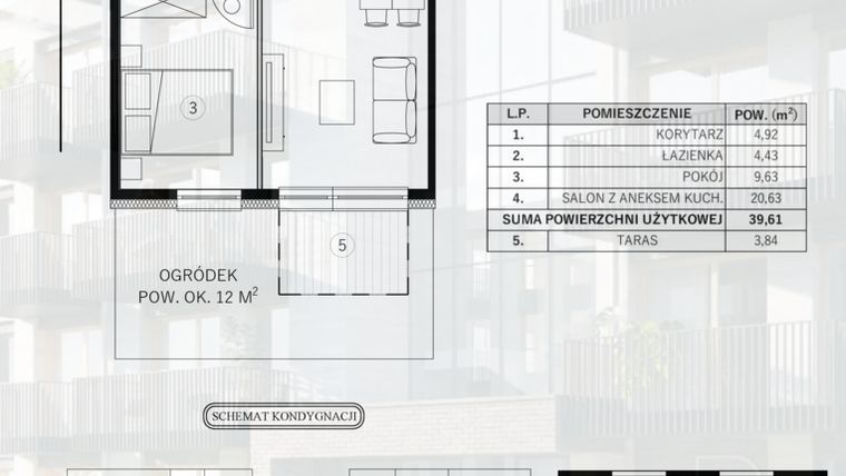 Rzut - Mieszkanie na sprzedaż 2 pokoje o powierzchni 39,61 m² - numer 6 w Młody Straszyn Park VI - bud. B