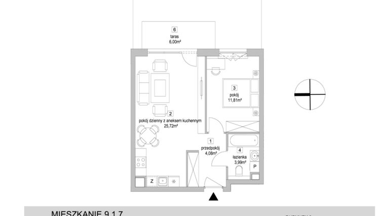Rzut - Mieszkanie na sprzedaż 2 pokoje o powierzchni 45,6 m² - numer 9.1.7 w Osiedle Przyjemne IV
