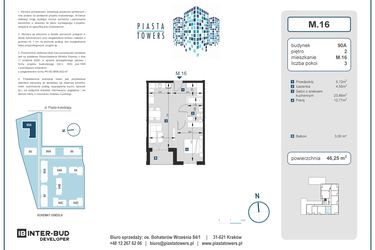 Rzut - Mieszkanie na sprzedaż 2 pokoje o powierzchni 46,25 m² - numer 16 w Piasta Towers bud. 90A