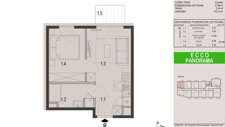 Rzut - Mieszkanie na sprzedaż 2 pokoje o powierzchni 27,68 m² - numer 8C w Ecco Panorama etap II budynki C, D