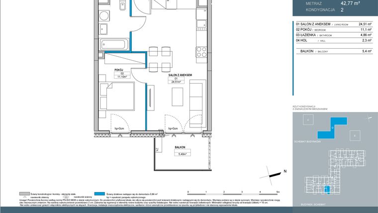 Rzut - Mieszkanie na sprzedaż 2 pokoje o powierzchni 42,77 m² - numer D1.2.04 w Nordic Bemowo - etap IV