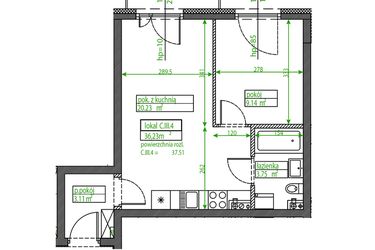 Rzut - Mieszkanie na sprzedaż 1 pokój o powierzchni 36,23 m² - numer C.III.4 w Osiedle Opolska