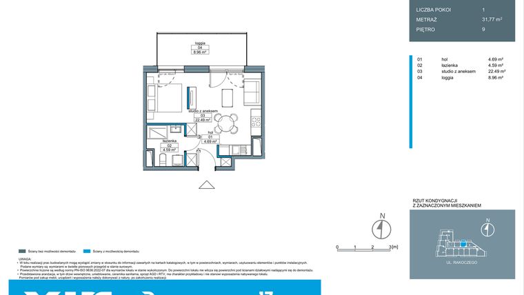 Rzut - Mieszkanie na sprzedaż 1 pokój o powierzchni 31,74 m² - numer A.9.2 w Rakoczego 17