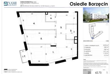 Rzut - Mieszkanie na sprzedaż 3 pokoje o powierzchni 62,75 m² - numer 25 w Osiedle Borzęcin
