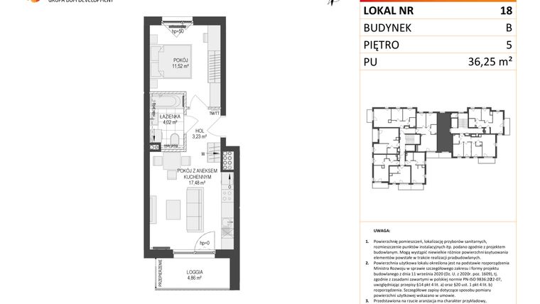 Rzut - Mieszkanie na sprzedaż 2 pokoje o powierzchni 36,25 m² - numer B.18 w Osiedle Warszawska etap III