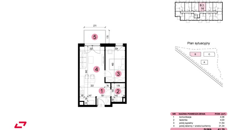 Rzut - Mieszkanie na sprzedaż 2 pokoje o powierzchni 41,29 m² - numer B-1-14 w Nowe Miasto