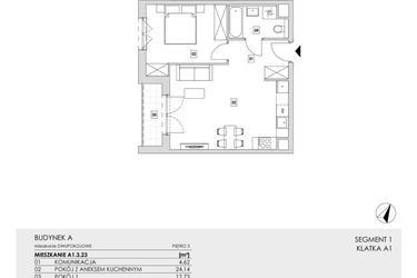 Rzut - Mieszkanie na sprzedaż 2 pokoje o powierzchni 46,11 m² - numer A1.3.23 w Zakole Wisły