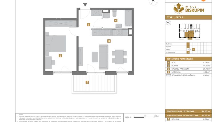 Rzut - Mieszkanie na sprzedaż 2 pokoje o powierzchni 45,06 m² - numer I.8 w Wille Biskupin II