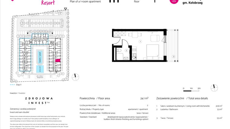 Rzut - Mieszkanie na sprzedaż 1 pokój o powierzchni 24,1 m² - numer 111 w VacationClub Resort