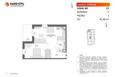 Rzut - Mieszkanie na sprzedaż 2 pokoje o powierzchni 45,73 m² - numer F.13 w Osiedle Synteza etap IV