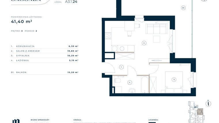 Rzut - Mieszkanie na sprzedaż 2 pokoje o powierzchni 41,4 m² - numer A3.1.24 w Cascada