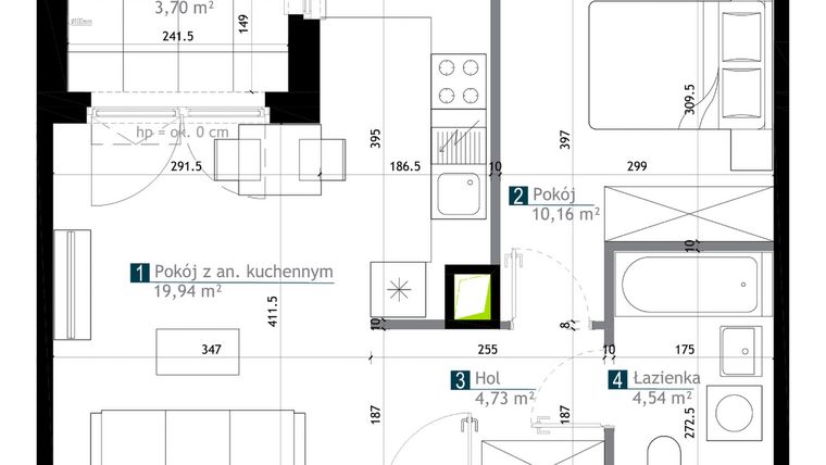 Rzut - Mieszkanie na sprzedaż 2 pokoje o powierzchni 39,37 m² - numer AA0305 w M Bemowo 3