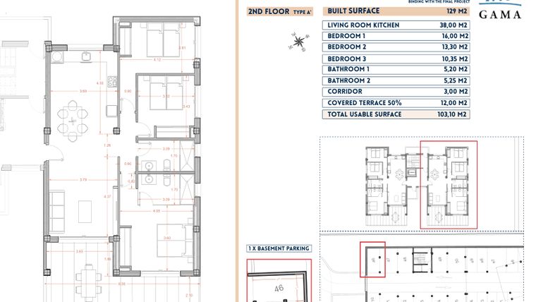 Rzut - Mieszkanie na sprzedaż 3 pokoje o powierzchni 129 m² - numer 46 w Velapi II - Murcia