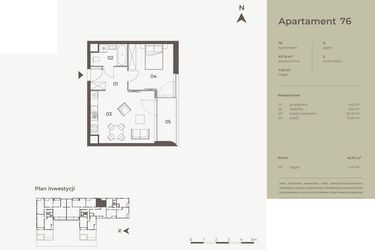 Rzut - Mieszkanie na sprzedaż 2 pokoje o powierzchni 43,74 m² - numer 76 w Monument