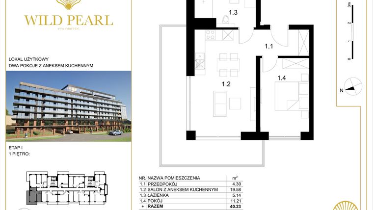 Rzut - Mieszkanie na sprzedaż 2 pokoje o powierzchni 40,23 m² - numer 1.1 w Wild Pearl