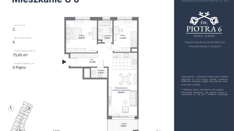 Rzut - Mieszkanie na sprzedaż 3 pokoje o powierzchni 75,45 m² - numer C6 w Św. Piotra