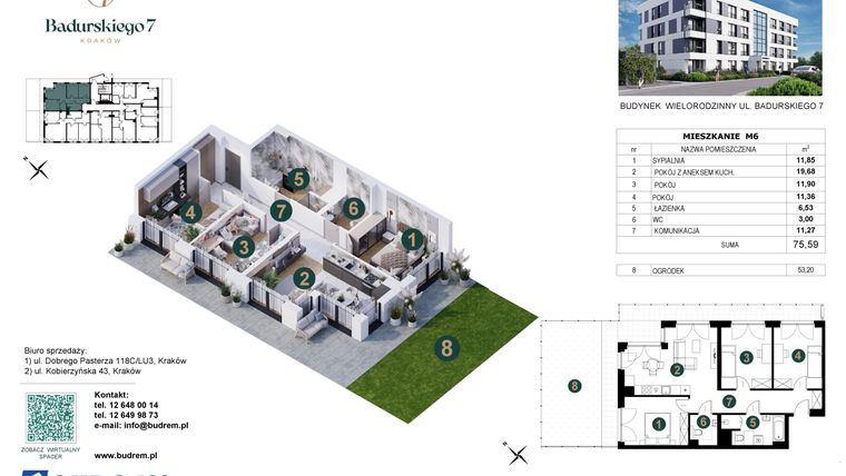 Rzut - Mieszkanie na sprzedaż 3 pokoje o powierzchni 76,05 m² - numer 6 w Badurskiego 7