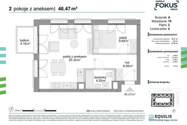 Rzut - Mieszkanie na sprzedaż 2 pokoje o powierzchni 46,47 m² - numer 70 w Osiedle Fokus Ursus