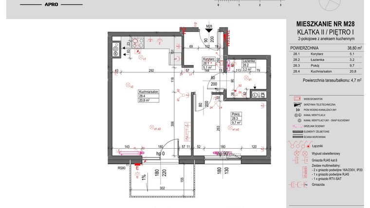 Rzut - Mieszkanie na sprzedaż 2 pokoje o powierzchni 38,8 m² - numer M28 w Antczaka 46