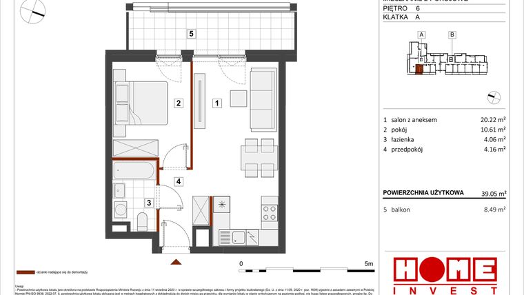 Rzut - Mieszkanie na sprzedaż 2 pokoje o powierzchni 39,05 m² - numer B1-A042 w Warszawski Świt etap VIII
