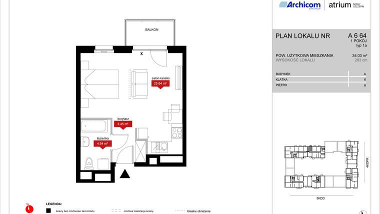 Rzut - Mieszkanie na sprzedaż 1 pokój o powierzchni 34,03 m² - numer A6 64 w Atrium - Nowy Szczepin