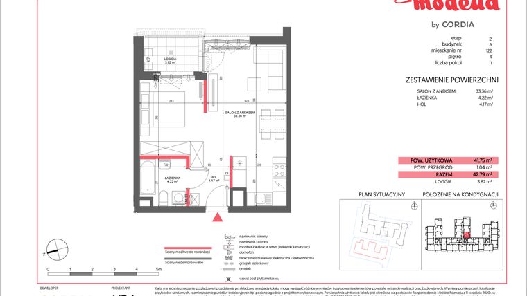 Rzut - Mieszkanie na sprzedaż 1 pokój o powierzchni 41,75 m² - numer A.122 w Modena II