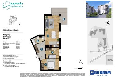Rzut - Mieszkanie na sprzedaż 3 pokoje o powierzchni 63,33 m² - numer A.14 w Kapelanka-Pychowicka Etap III