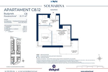 Rzut - Mieszkanie na sprzedaż 2 pokoje o powierzchni 31,71 m² - numer C8.12 w Sol Marina etap III