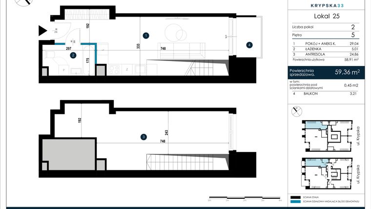 Rzut - Mieszkanie na sprzedaż 2 pokoje o powierzchni 59,36 m² - numer M25 w Krypska 33