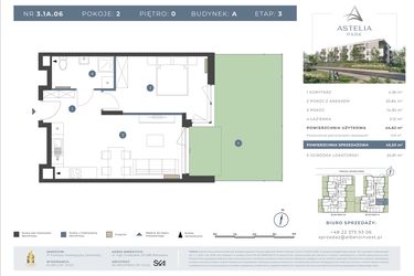 Rzut - Mieszkanie na sprzedaż 2 pokoje o powierzchni 44,62 m² - numer 3.1A.06 w Astelia Park etap 1A i 3