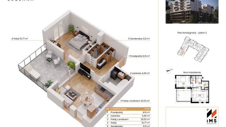 Rzut - Mieszkanie na sprzedaż 2 pokoje o powierzchni 51,89 m² - numer D.3.3 w Rondo Ceglana etap II