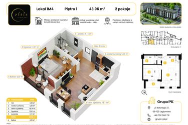 Rzut - Mieszkanie na sprzedaż 2 pokoje o powierzchni 43,96 m² - numer 1M04 w Złota Jabłonna