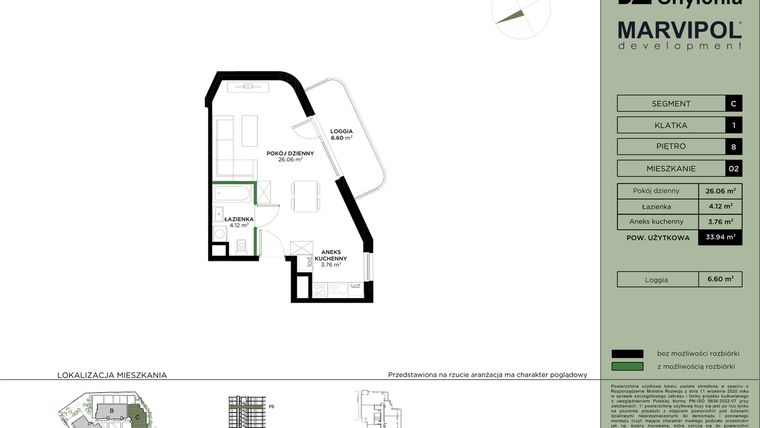 Rzut - Mieszkanie na sprzedaż 1 pokój o powierzchni 33,94 m² - numer C-8-02 w Nowa Chylonia