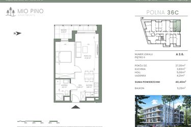 Rzut - Mieszkanie na sprzedaż 2 pokoje o powierzchni 40,4 m² - numer 2.6 w Mio Pino