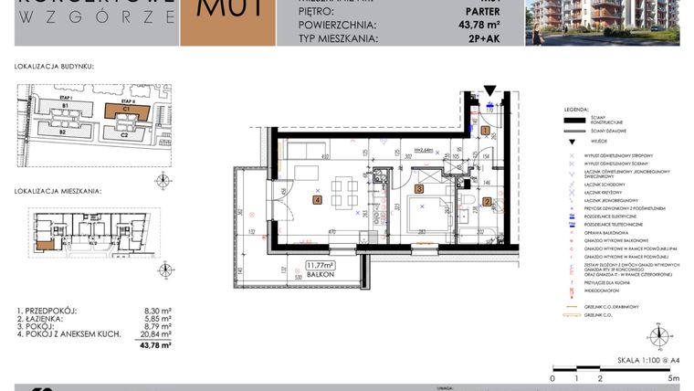 Rzut - Mieszkanie na sprzedaż 2 pokoje o powierzchni 43,78 m² - numer C1_M1 w Koncertowe Wzgórze etap II