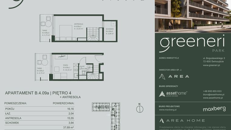 Rzut - Mieszkanie na sprzedaż 2 pokoje o powierzchni 38,59 m² - numer B.4.09a w Greeneri Park