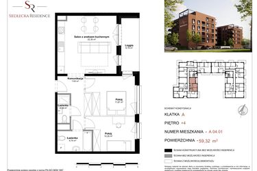 Rzut - Mieszkanie na sprzedaż 3 pokoje o powierzchni 59,32 m² - numer A-04-01 w Siedlecka Residence