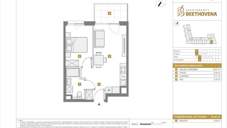 Rzut - Mieszkanie na sprzedaż 2 pokoje o powierzchni 35,4 m² - numer A7 w Apartamenty Beethovena