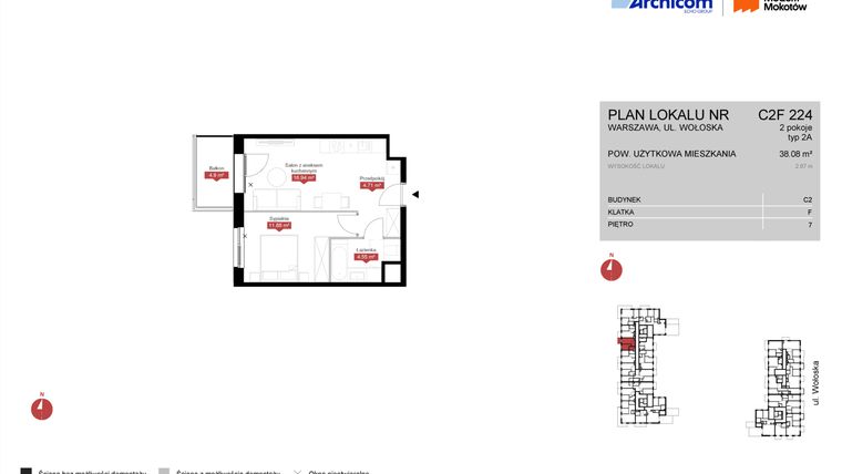 Rzut - Mieszkanie na sprzedaż 2 pokoje o powierzchni 38,08 m² - numer C2F 224 w Modern Mokotów etap 3, budynek C1 i C2