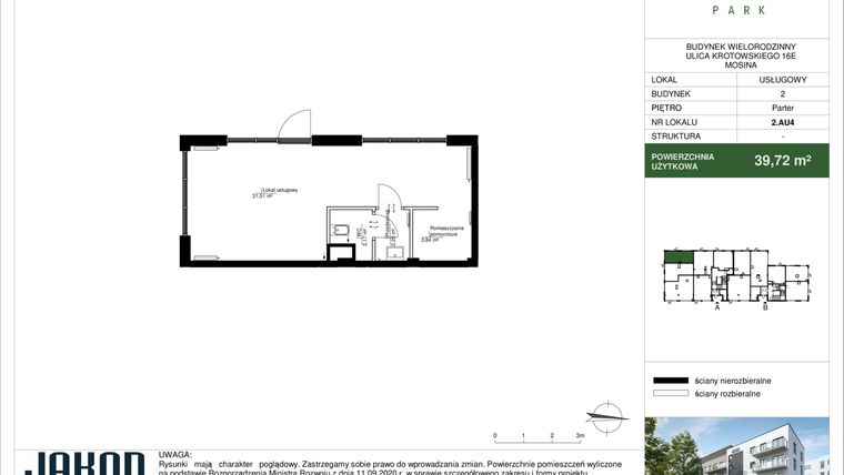 Rzut - Lokal użytkowy na sprzedaż 1 pokój o powierzchni 39,42 m² - numer 2.AU4 w Mosina Park